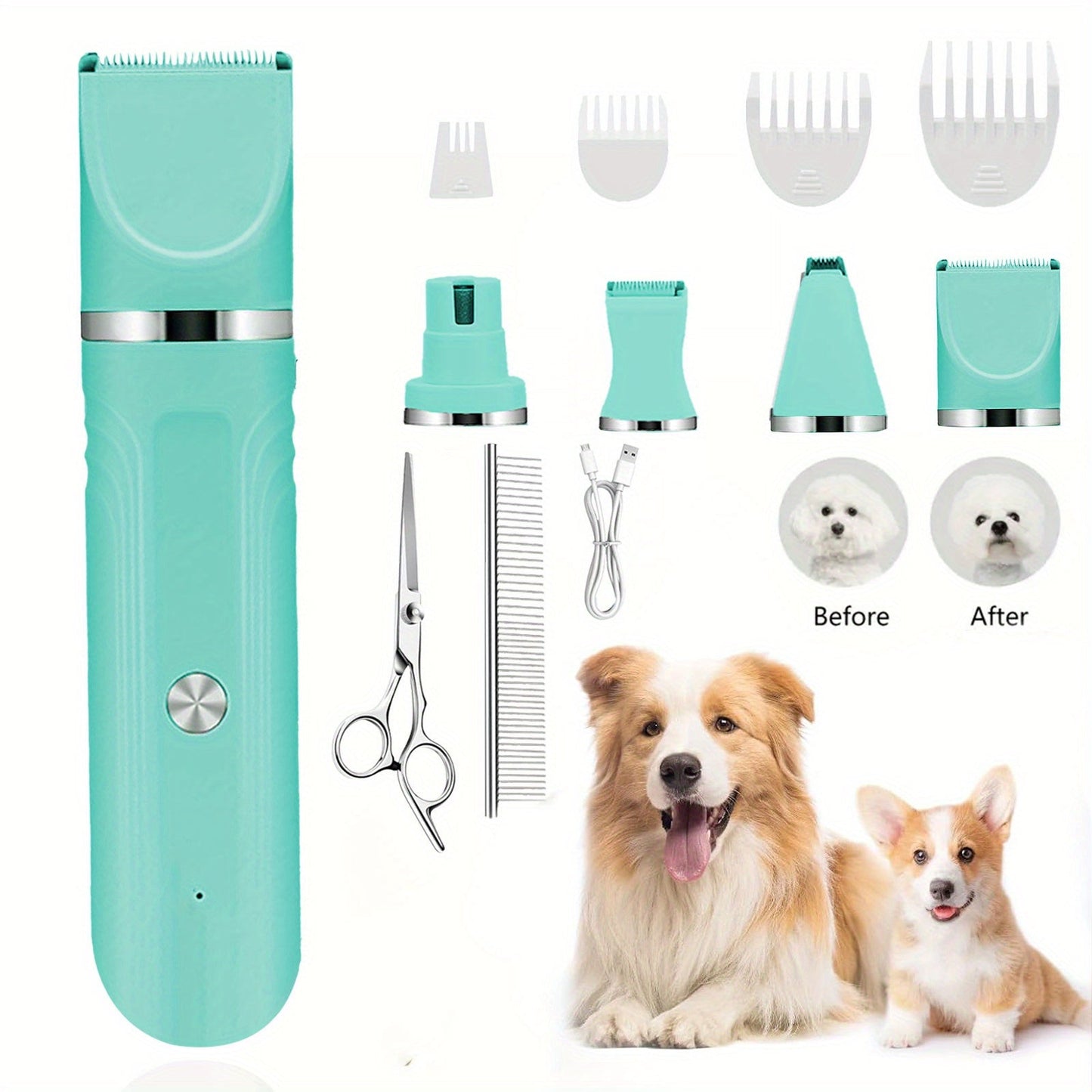 Pet Hair Clipper 4-in-1 Cordless Grooming Kit with Nail Trimmer Limit Combs USB Rechargeable for Dogs Cats Small Animals Thick Coat