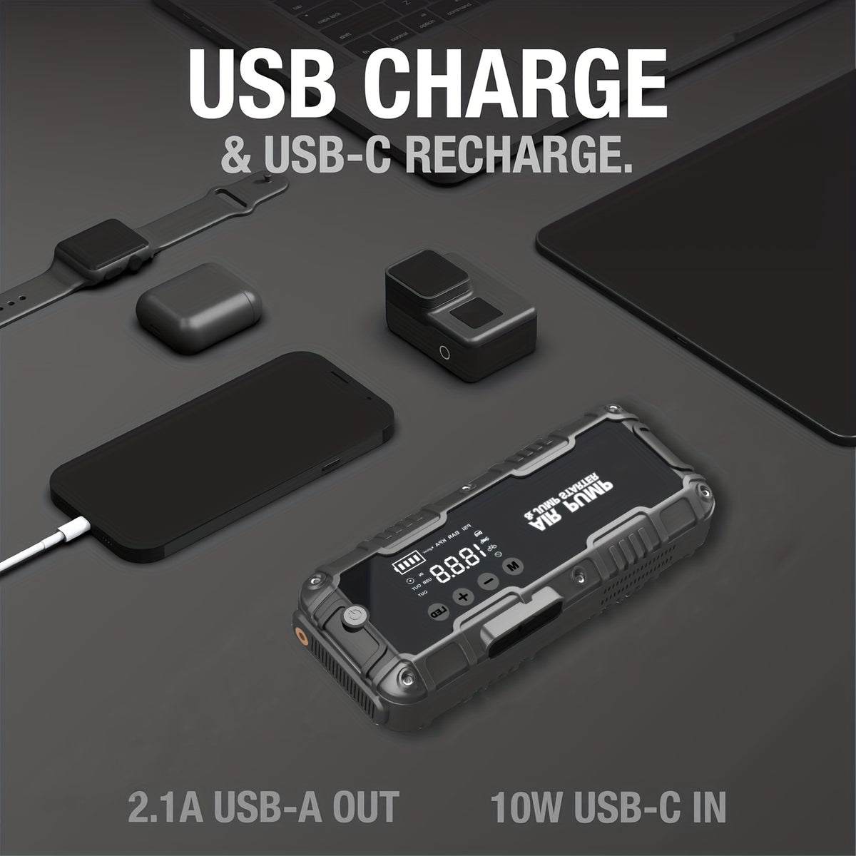 8000mAh Multifunctional Emergency Start Power with Air Pump, 150PSL Portable Car Battery Starter, Digital Tire Inflator, Portable Vehicle Battery Charger, Suitable for 2.64 Gallon Gas Or 2.38 Gallon Diesel Batteries Car Jumper Starter Portab