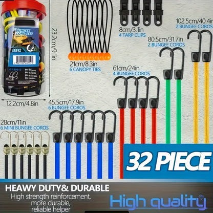 32pcs Premium Elastic Cord SetIt Includes Heavy-duty Outdoor Elastic Cords In 10-inch, 18-inch, 24-inch, And 40-inch Lengths, 4 Sunshade Clips, And 6 Small Spherical Elastic Cords.