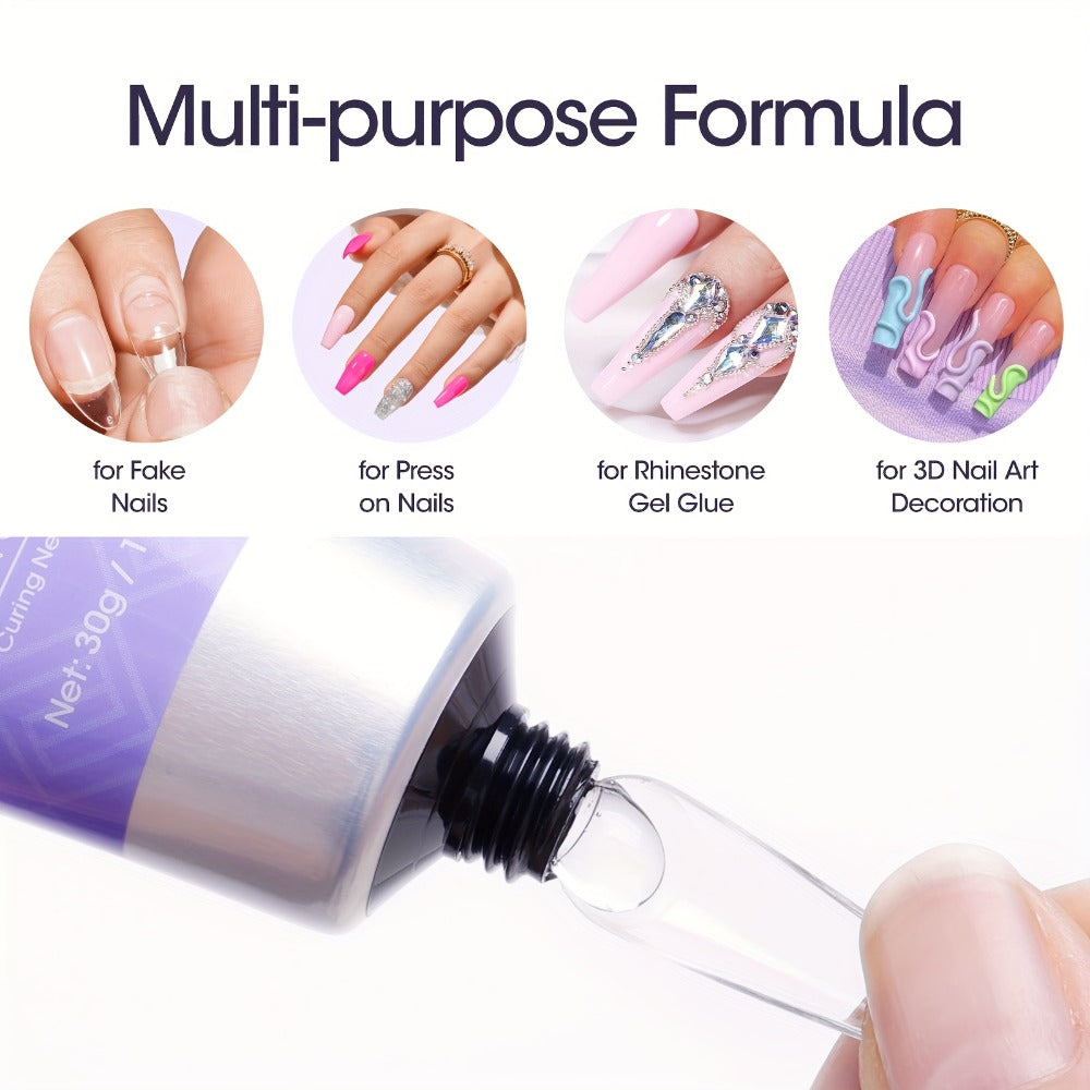 Nail Glue Gel UV LED Solid Formula 30g — Crystal Clear Extra Strong Bond for Press On Nails, Acrylic Tips, Nail Extensions & Rhinestones | Repositionable Before Cure | Lasts Up to 30 Days