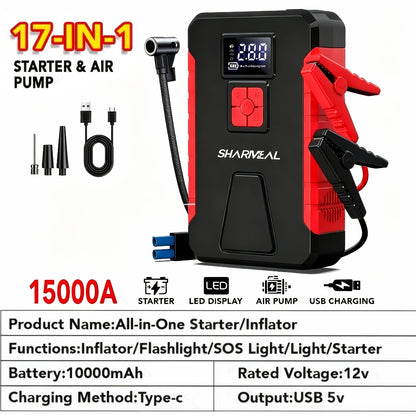 Portable Jump Starter with Air Compressor – 15000A-19000A Peak 350PSI 12V 17-in-1 Car Battery Jump Starter, Digital Display, LED Light & Smart Clamp for Cars Trucks SUVs