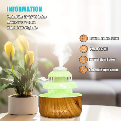 Cool Mist Humidifier with Raining Sound & 8-Color Night Light – 10-Hour Runtime, Essential Oil Diffuser, Air Humidifier for Bedroom, Home & Office, White Noise Sleep Aid, Ambient Mood Light, White