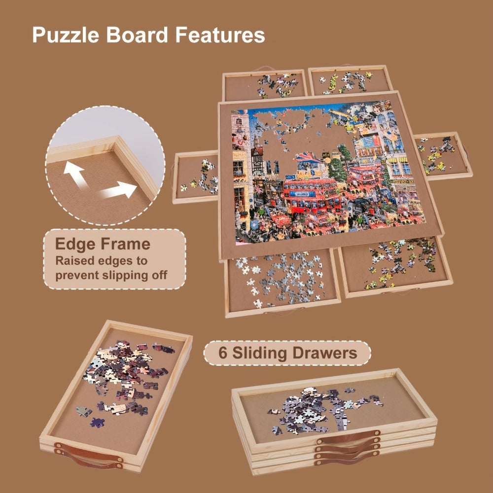 Wooden Jigsaw Puzzle Board for 1500 Pieces – Rotating Turntable Table with Sorting Drawers & Dust Cover | Premium Puzzle Organizer for Adults, Seniors & Families | Large Work Surface, Game Room Gift