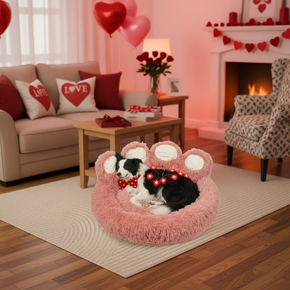 Dog Bed Cat Bed Bear Paw Shaped Donut – Calming Round Plush Pet Mattress, Warm & Soft Cuddler Bed for Dogs and Cats, Includes Pet Scarf, Sizes S to 2XL, Colors: Coffee, Pink, Grey, Brown