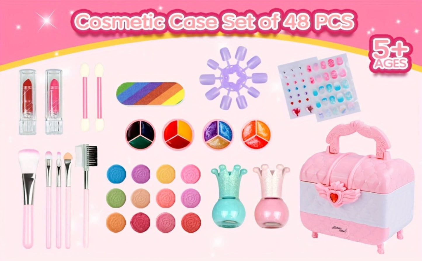 Kids Makeup Kit for Girls Ages 5-12 – 48PCS Princess Pretend Play Cosmetics Set, Washable Hypoallergenic Eyeshadow, Blush, Lip Gloss, Glitter, Nail Polish & Tools, Birthday Gift for Girls