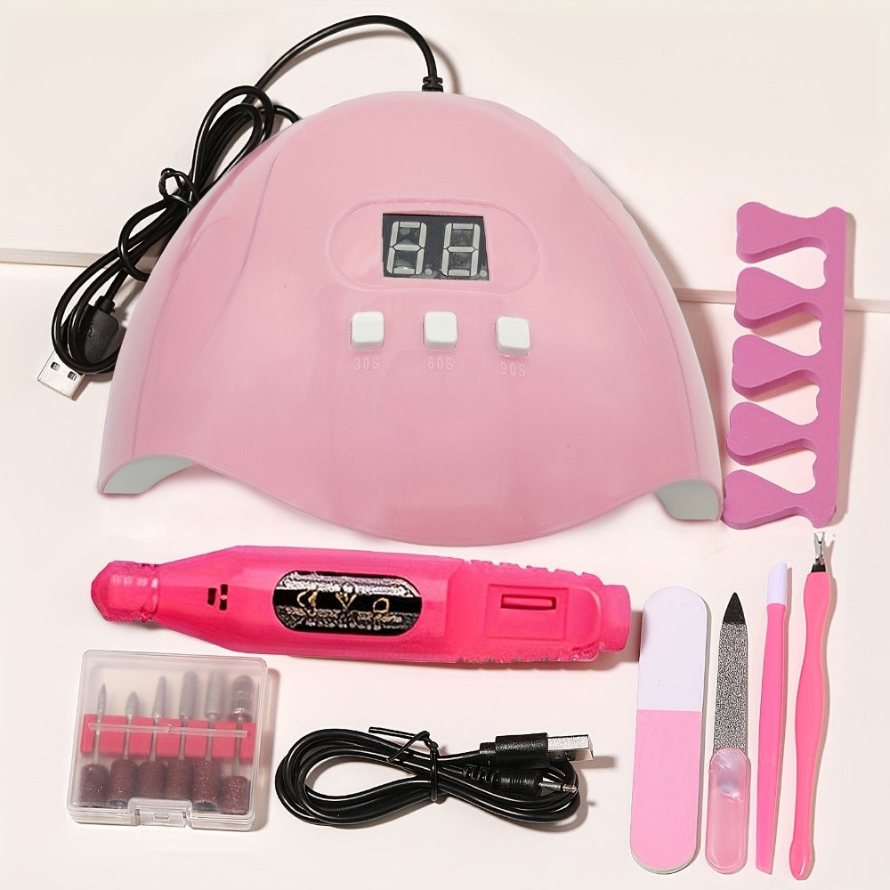 Nail Art Tool Set 7-in-1 Complete Professional Manicure Kit with UV Nail Lamp, Glue Dryer, Nail Polisher, Cuticle Pusher & Fork, Finger Divider – Stainless Steel Salon Kit for Women
