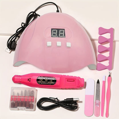 Nail Art Tool Set 7-in-1 Complete Professional Manicure Kit with UV Nail Lamp, Glue Dryer, Nail Polisher, Cuticle Pusher & Fork, Finger Divider – Stainless Steel Salon Kit for Women