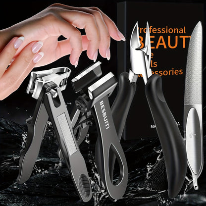 Thick Toenail Clipper Set for Seniors & Diabetics — Wide Jaw Ingrown Toenail Clipper, Heavy Duty Angled Nail Clipper & Nail File Kit for Men and Women, Professional Thick Nail Cutter Tool