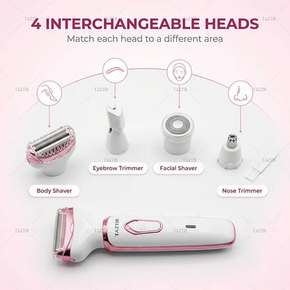 Electric Razor for Women 4-in-1 Rechargeable Lady Shaver Grooming Kit - Painless Wet Dry Hair Removal for Face Nose Legs Underarm Bikini Line Portable USB Rechargeable Gift Set