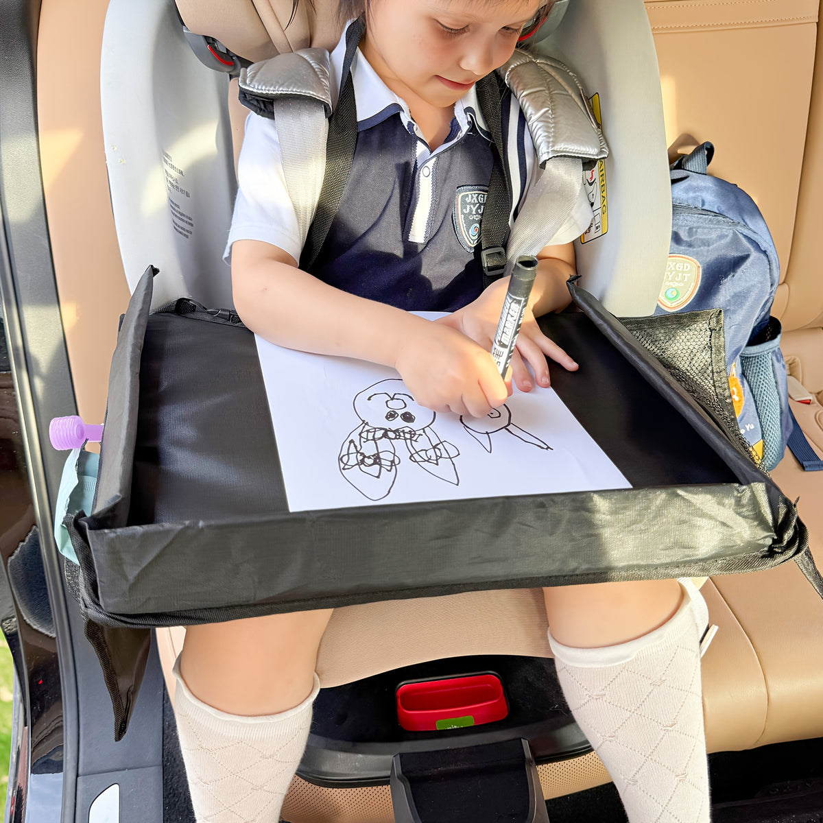 1pc Foldable And Expandable Polyester Youngsters Car Seat Travel Tray with Multiple Storage Pockets - Lightweight, Wall-Mountable Design for Airplane, Car And Home Use, Car Storage Tray | Versatile Travel Accessory | Sturdy Constructio