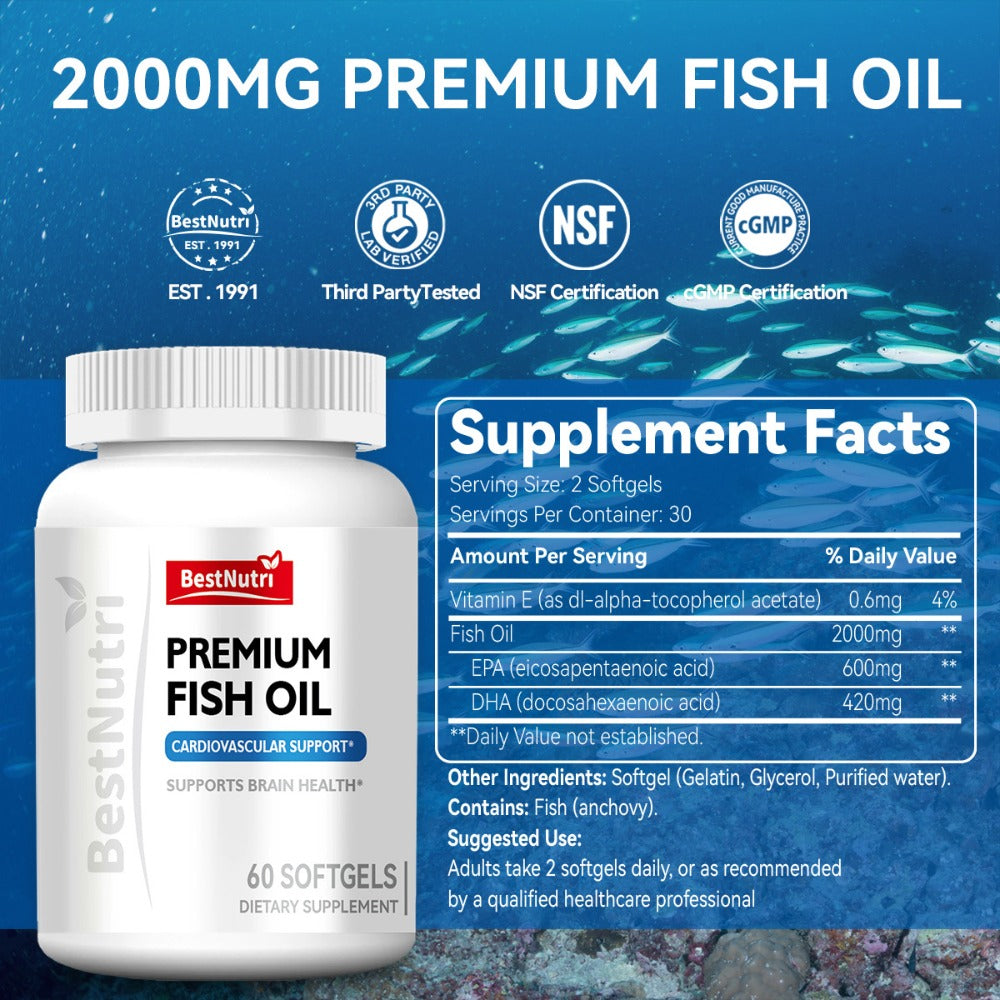 Omega-3 Fish Oil 2000mg Softgels with EPA & DHA — Cold-Extracted CGMP Certified | Brain Vitality Heart Health Anti-Inflammatory Support | For Adults & Young Adults | 60 or 90 Softgels