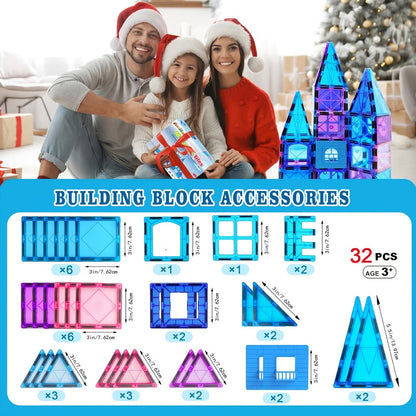 Magnetic Tiles Building Set 32 Pcs – 3D Magnetic Building Blocks STEM Toy for Kids Ages 3-8 Boys Girls Princess Castle Construction Educational Birthday Christmas Gift