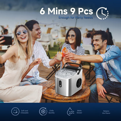 Portable Ice Maker Countertop – Bullet Ice Machine 26-29 Lbs Daily, 9 Ice Cubes in 6 Mins, Self-Cleaning, Quiet Under 45dB, with Handle, Basket & Scoop, for Home, Kitchen, Camping & RV