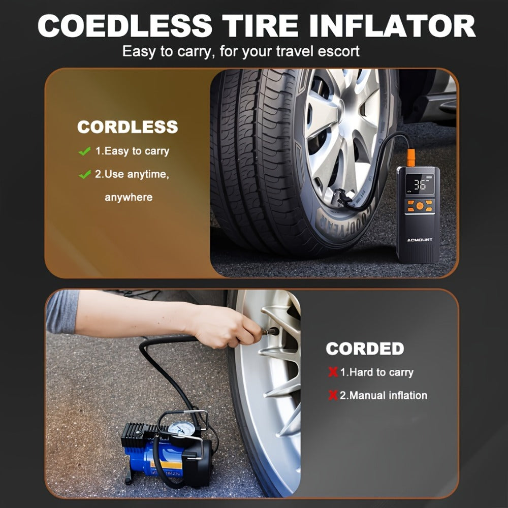 Portable Tire Inflator Cordless Air Compressor – 150PSI Fast Inflation, 5000mAh Rechargeable Battery, Digital Pressure Gauge, LED Light, 4+ Modes for Car Bike Motorcycle Sports Balls