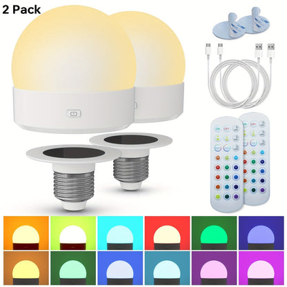 Rechargeable LED Light Bulb E26 3000mAh 400LM with Remote Control – USB Wireless Puck Light, 3 Color Temperatures, 12 RGB Colors, Timer, No Wiring for Lamps Closets Cabinets Indoor Lighting 4 Pack