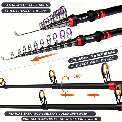 Carbon Fiber Fishing Rod & Spinning Reel Combo – Ultralight Fast Action Rod with Long Cast Spinning Wheel, Complete Sea Fishing Tackle Set for Saltwater & Freshwater, Available in Red & Grey
