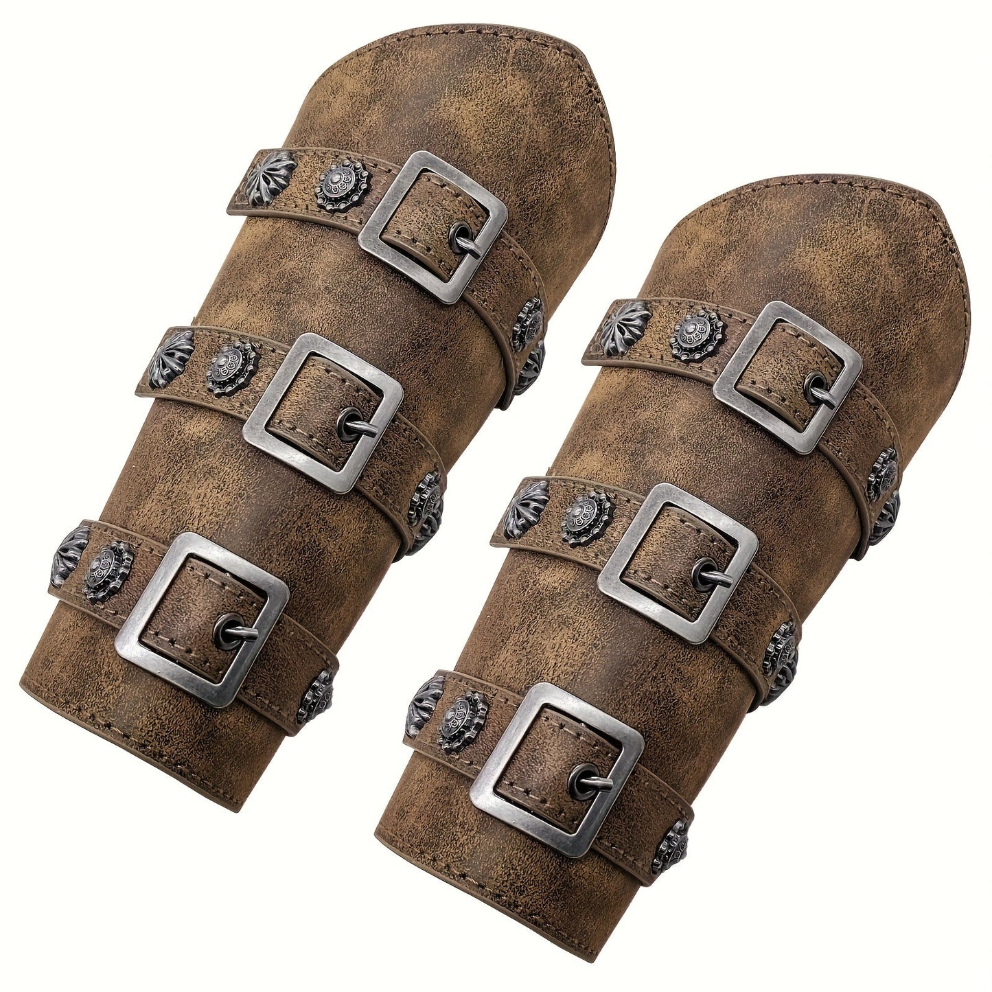 Viking Medieval Leather Arm Guards Bracers – PU Leather Knight Gauntlets Adjustable Metal Buckles Rivets for Men Women Halloween Cosplay LARP Renaissance Fair Stage Costume Dark Brown Khaki Black