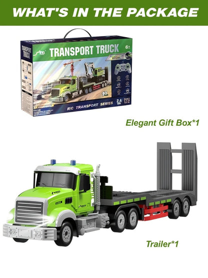 RC Semi Truck with Flatbed Trailer & Alloy Excavator Set 1:12 Scale | 11-Channel Dual Control, Sound & Lights | Construction Engineering Toy for Kids Boys