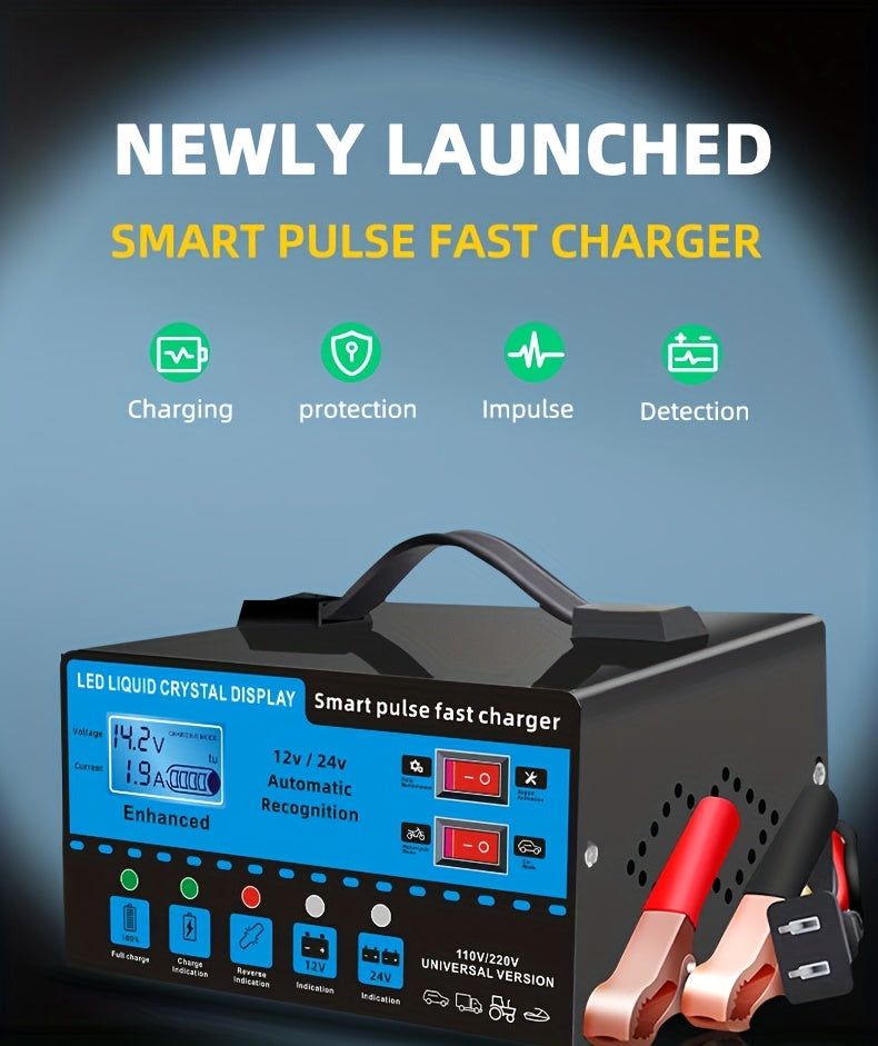 12V And 24V Intelligent Universal Battery Charger Inverter, with LCD Display Intelligent Maintenance Overcharge And Short Circuit Protection, Suitable for Intelligent Trickle Charging Maintenance of Various Cars, Yachts, And Batteries