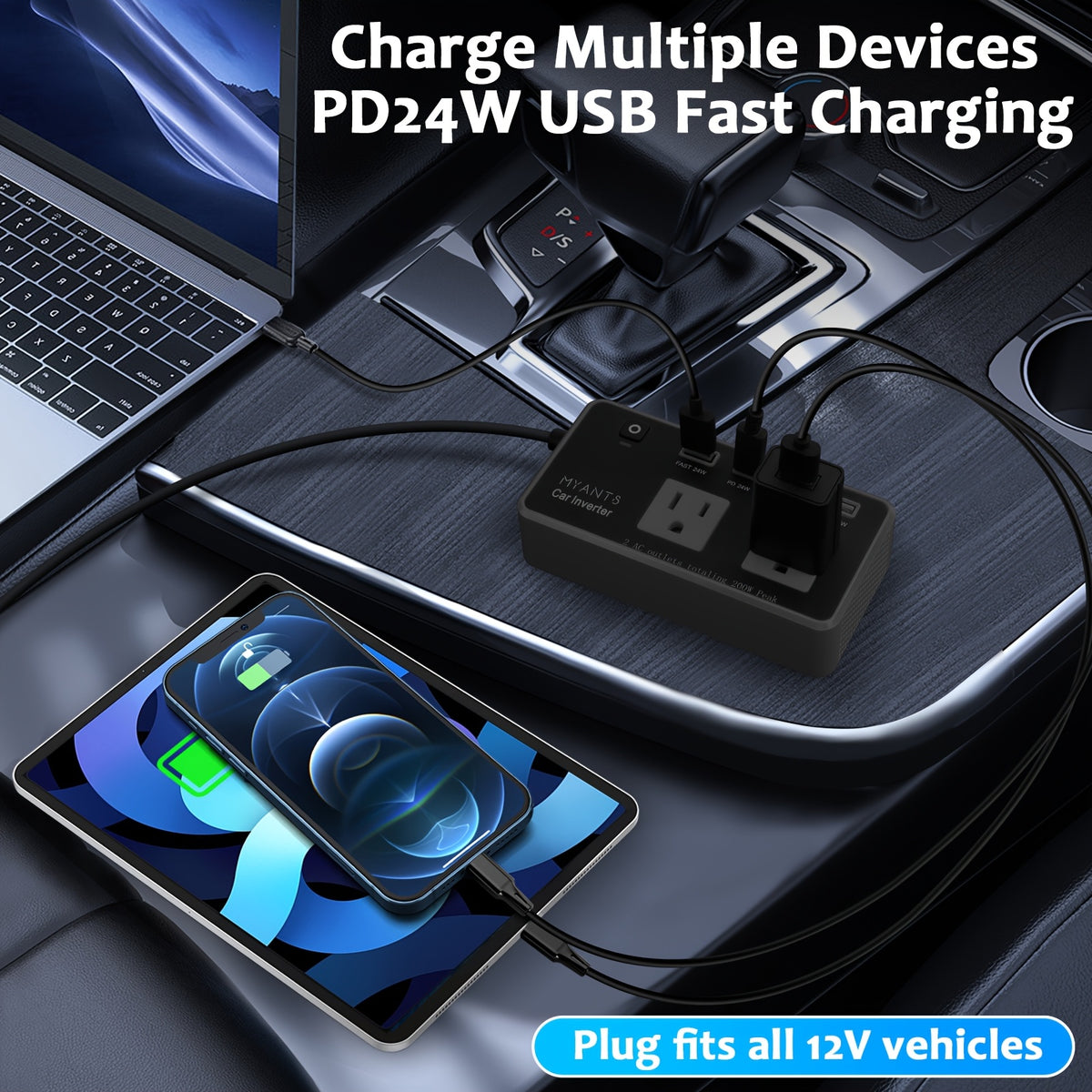 200W Car Power Inverter - 12V DC to 110V AC Car Outlet Adapter Converter with 4 Port USB C 24W PD3.0 & QC3.0 USB A Fast Car Charger Adapter Plug for Laptop Travel, Road Trip Essential, Clearance Gift, Garden Tools