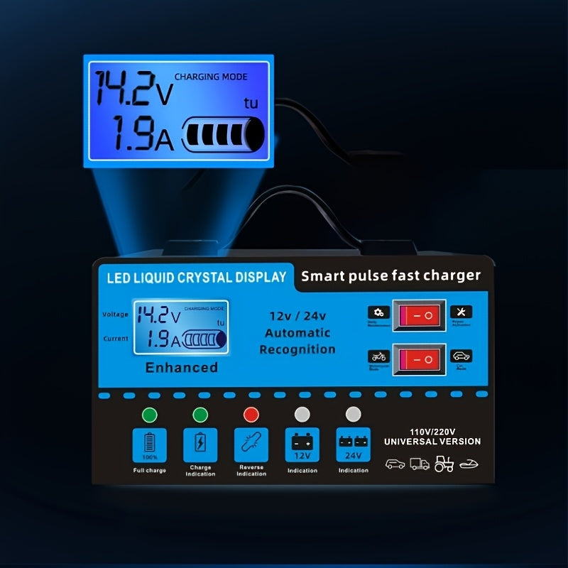 12V And 24V Intelligent Universal Battery Charger Inverter, with LCD Display Intelligent Maintenance Overcharge And Short Circuit Protection, Suitable for Intelligent Trickle Charging Maintenance of Various Cars, Yachts, And Batteries