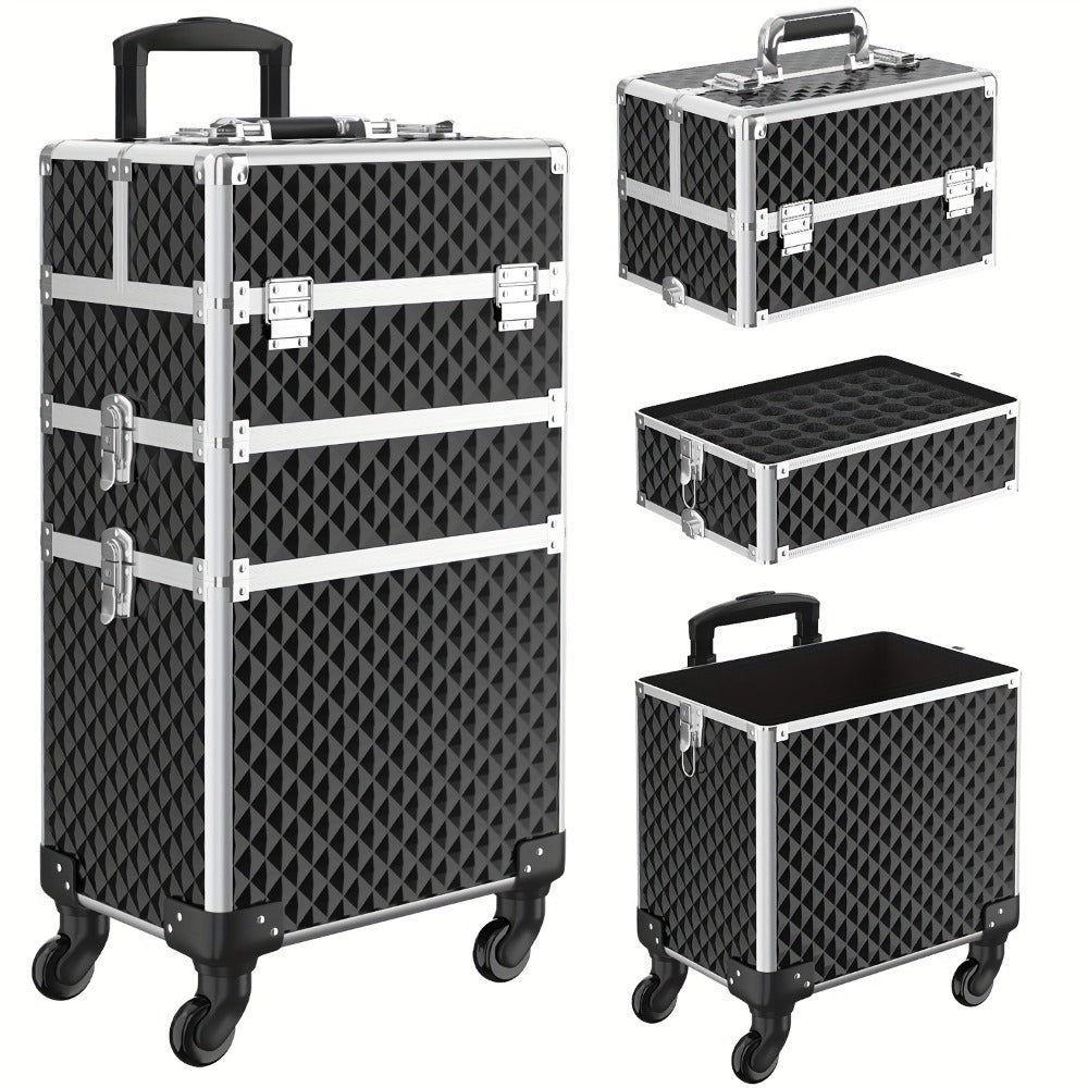 Rolling Makeup Train Case 3-in-1 Large Capacity Professional Cosmetic Trolley Swivel Wheels Lock Key Sponge Set Included Salon Barber Artist Travel Cart Trunk Black Pink