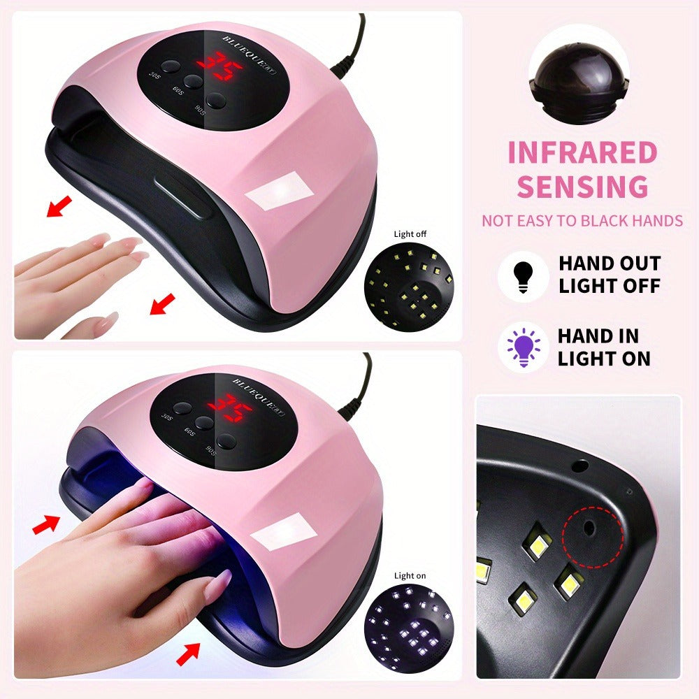 LED Nail Lamp Professional LCD Display Auto Sensor 4 Timer Settings USB Powered Instant Gel Polish Curer No Adapter Needed for Home Salon Manicure Pedicure DIY Nail Art Pink White