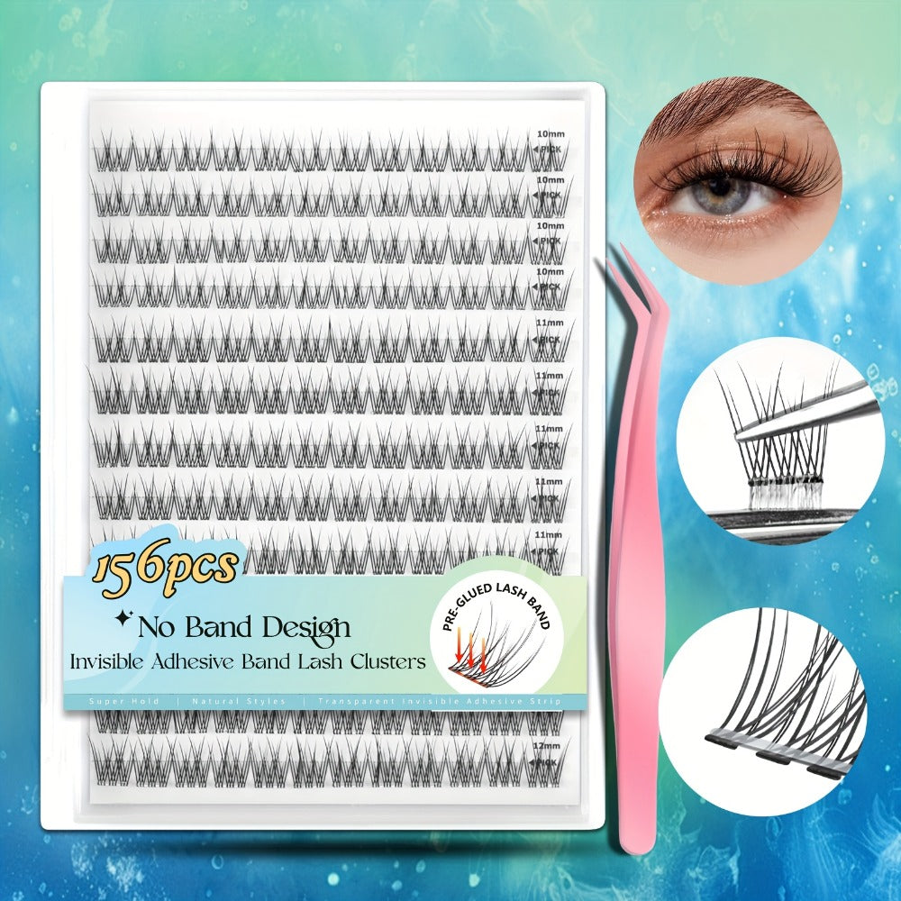 Pre-Glued Wispy Press-On Lash Clusters Kit with 2 Tweezers — Self-Adhesive No Glue Needed, Natural & Thick Fluffy Volume, Reusable Beginner-Friendly Individual Cluster Eyelashes for Daily Wear