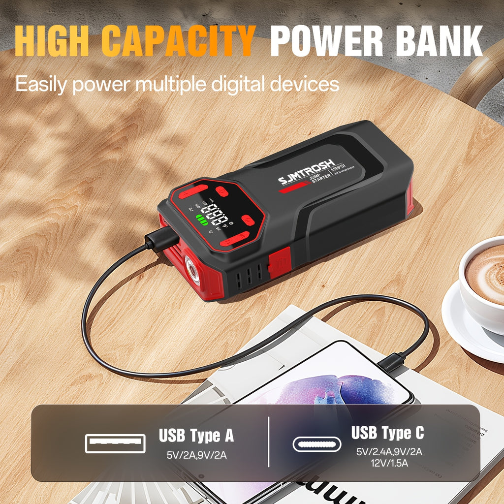 Kickstart Your Vehicle Using an Air Compressor with a Maximum Pressure of 150 PSI And a 12V Power Supply, Ideal for 8.5 Liters of Gasoline Or 1.72 Gallons of Diesel. It Features USB Input/Output And an LED Emergency Light