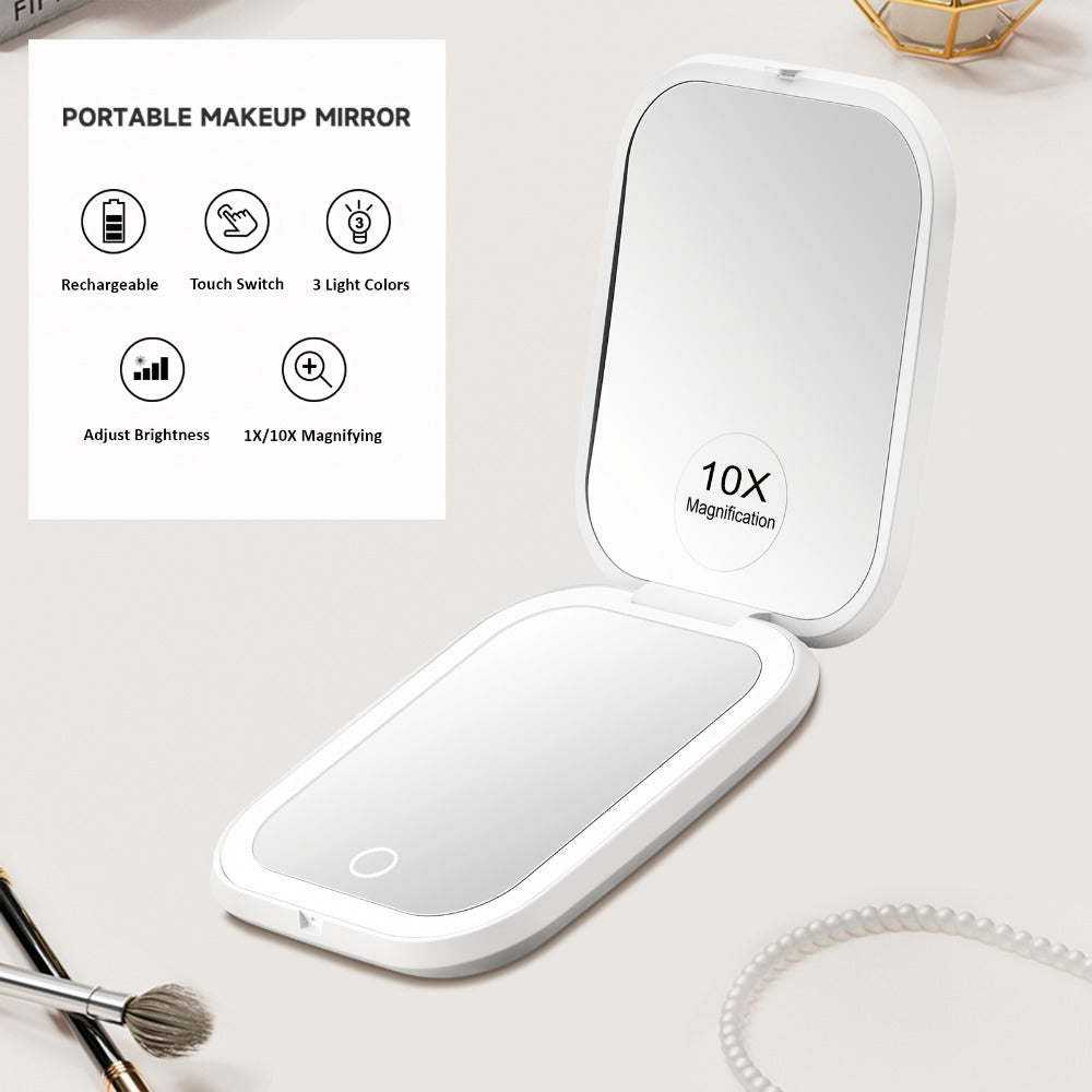 Compact Makeup Mirror with Light 10X Magnification, Rechargeable LED Pocket Mirror 3 Color Modes Adjustable Brightness 2-Sided Folding Purse Mirror for Women Travel Daily Use, Beauty Gift for Mom