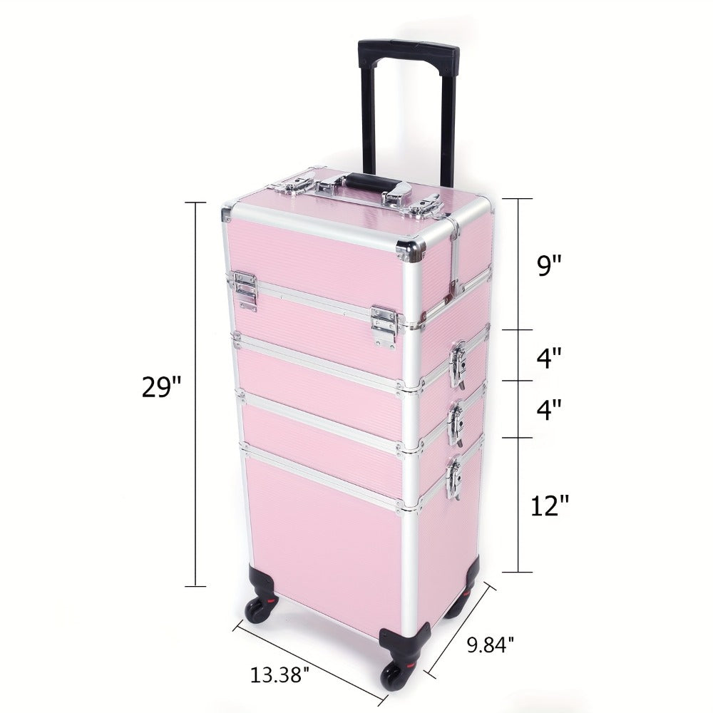 Rolling Makeup Case Aluminum 4-in-1 Extra Large Professional Cosmetic Trolley with 360° Swivel Wheels for Makeup Artist Tattoo Artist Salon Travel Black Pink Silver