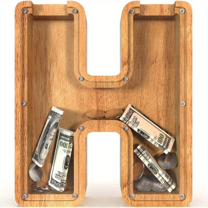Wooden Letter Penny Bank – Alphabet Coin Bank Savings Box for Kids & Adults, Personalized Money Bank Birthday Gift, A to Z Initial Letter Bank