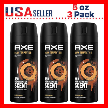 Men's Body Spray Deodorant Axe Dark Temptation, Dark Chocolate Fragrance Long-Lasting Odor Protection Aluminum-Free Body Spray for Men, 5.1oz 150ml per Bottle – Available in 3 Pack & 6 Pack