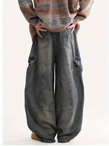 Men's Baggy Jeans - Black Denim Utility Pocket