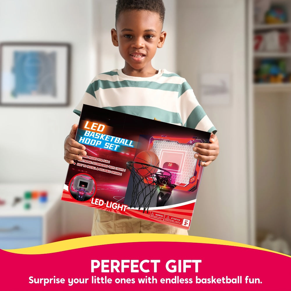 Indoor Basketball Hoop for Kids Over the Door – Light Up LED Scoreboard 4 Balls Air Pump 3 Game Modes 7 Light Shows, Active Sport Toy Gift for Boys Girls Ages 3 to 14 (Red)