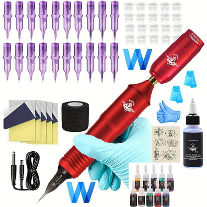 Rotary Tattoo Machine Kit 67pcs – Complete Wireless Tattoo Pen Set with Cartridge Needles, Power Supply, Practice Skin, Inks & Transfer Paper for Beginners & Artists