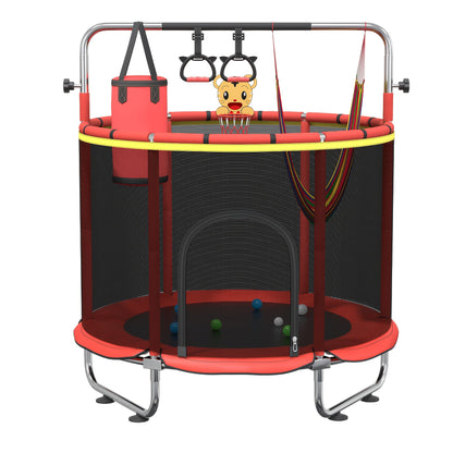 60 Inch Trampoline with Enclosure and Gymnastics Bar – 440 Lbs Capacity Height Adjustable Indoor Outdoor Round Trampoline with Toys for Kids | Best Birthday Gift for Boys and Girls