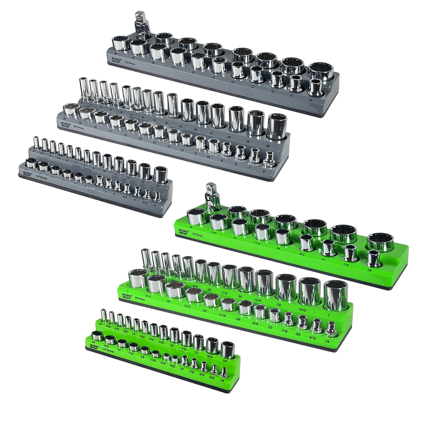 SUNHZMCKP Magnetic Socket Organizer Set 6pcs, Socket Tool Holder Includes 1/4", 3/8", 1/2" Metric & SAE Socket Holders for Tool Box Drawer, Holds 143pcs Standard And Deep Size Sockets, Fine Father's Day Gifts.