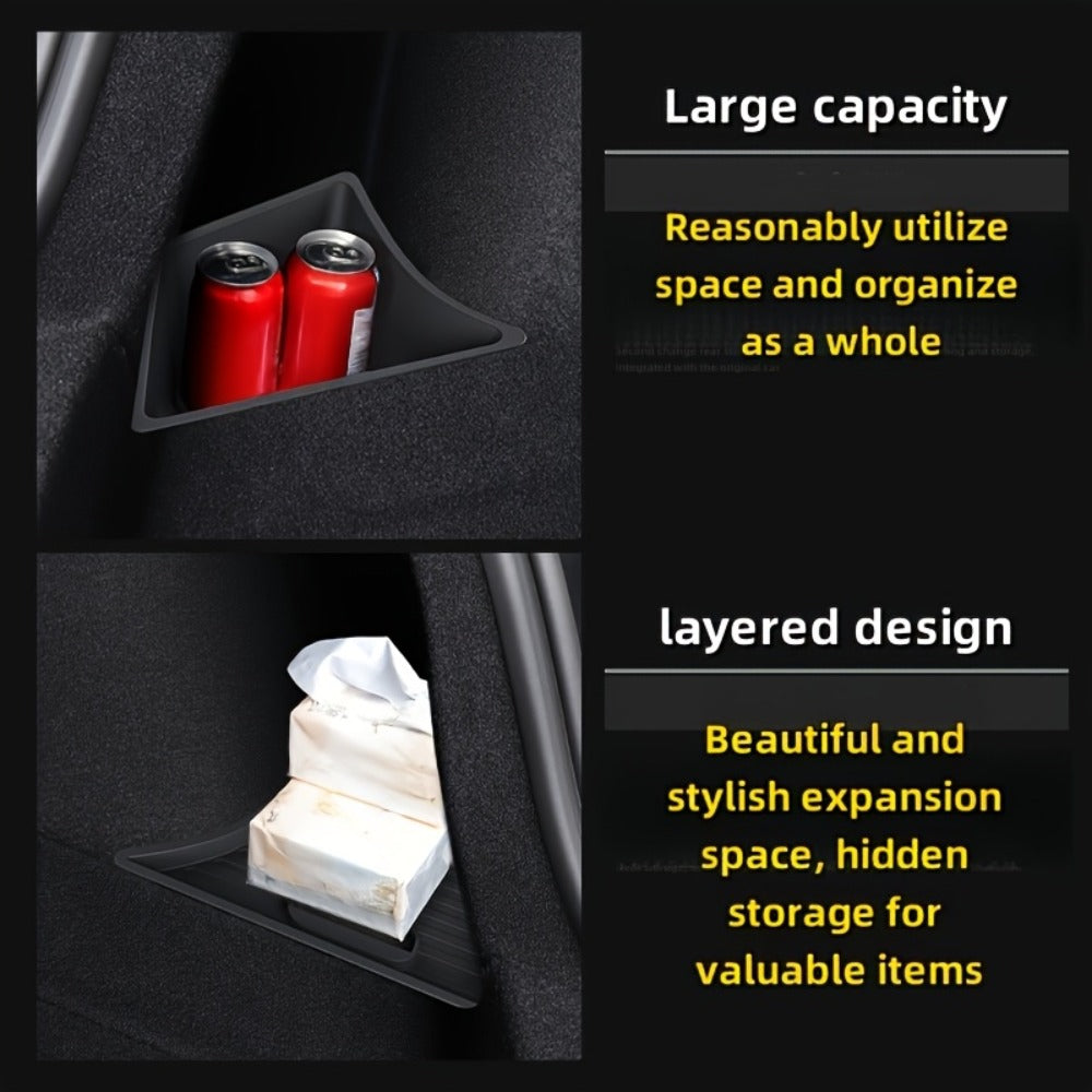 Tesla Model Y Juniper 2025 Trunk Side Storage Box with Lid – Left & Right TPE Cargo Organizer, Scratch-Resistant, Heavy-Duty Trunk Accessories, Black
