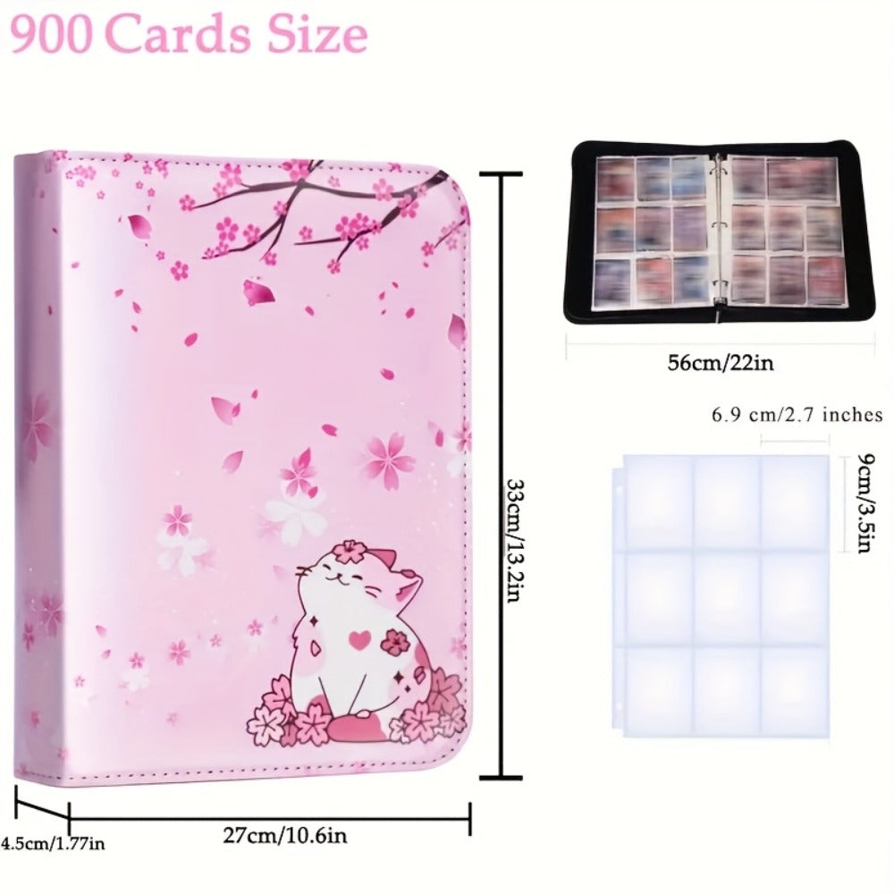 Trading Card Binder Album 900 Pockets Zippered – Premium PU Leather Collector's Album with Pink Cherry Blossom & Cat Design, Waterproof Card Storage for Pokemon, Sports & K-Pop Cards