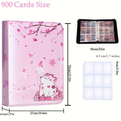 Trading Card Binder Album 900 Pockets Zippered – Premium PU Leather Collector's Album with Pink Cherry Blossom & Cat Design, Waterproof Card Storage for Pokemon, Sports & K-Pop Cards