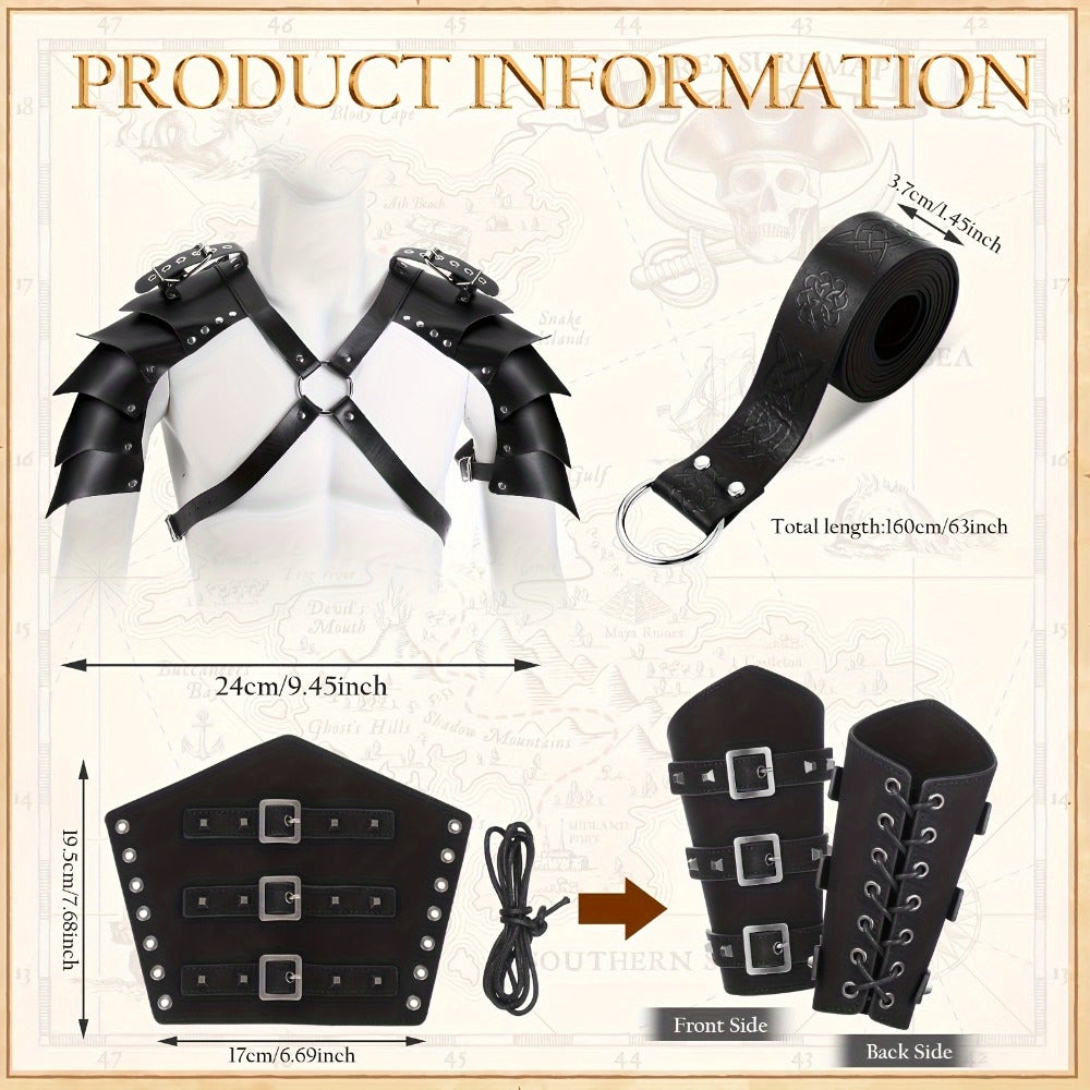 Medieval Knight Costume Set 4pcs PU Leather Shoulder Armor Cape Arm Guards & Belt for Men – Viking Warrior LARP Cosplay Halloween Renaissance Faire Prop, Black