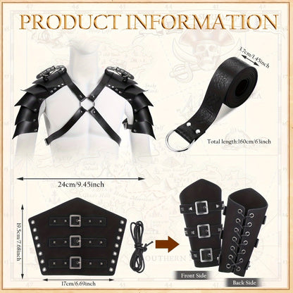 Medieval Knight Costume Set 4pcs PU Leather Shoulder Armor Cape Arm Guards & Belt for Men – Viking Warrior LARP Cosplay Halloween Renaissance Faire Prop, Black