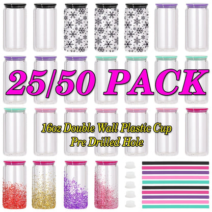 Clear Plastic Snow Globe Tumblers 16oz Double Wall Bulk Set 25 or 50 Cups Pre-Drilled Hole Colored Lid Straw for Iced Coffee Boba Soda Party DIY Customization