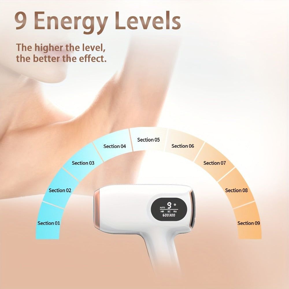 IPL Hair Removal Device Ice Cooling 999,900 Flashes — Painless Permanent Hair Remover for Women & Men, 9 Adjustable Levels Auto & Manual Modes, LCD Display, Legs Arms Armpits Bikini Face