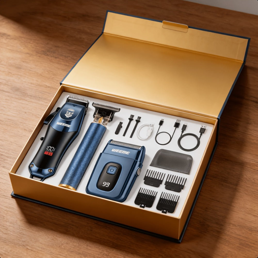 USB Rechargeable Hair Clipper Set for Men — WEEME Electric Razor & T-Blade Trimmer Kit with 8 Limit Combs, 2/3-Piece in Golden, Blue & Black, Valentine's Day & Birthday Grooming Gift