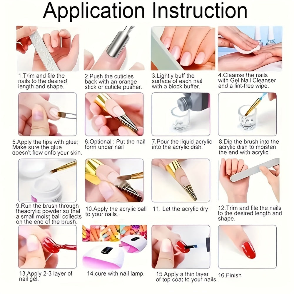 Acrylic Nail Kit 23-in-1 Complete Set with 12 Glitter Colors White & Pink Powder - DIY Nail Extension System No Glue No Liquid Needed for Beginners & Pros, Home Salon Manicure Kit for Women