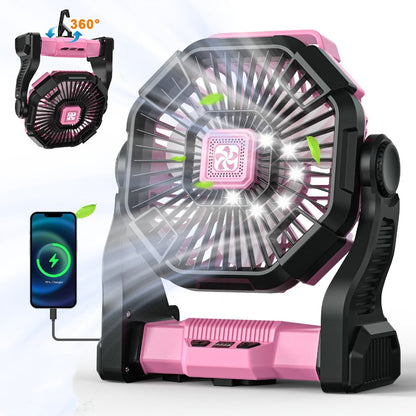 Camping Fan with LED Lantern, 3-in-1 Battery Powered Portable Fan Light for Tent Outdoor, Rechargeable Electric Fan with Timer 360° Rotation, for Camping Hiking Barbecue Travel Emergency