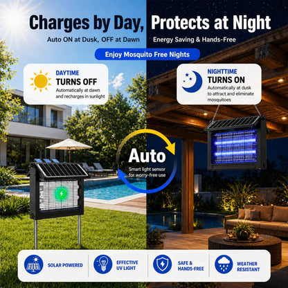 Solar Bug Zapper Outdoor – 4500V Electric Mosquito Killer with Dual Solar Panels & USB Charging, Auto On/Off Light Sensor, IPX4 Waterproof Insect Trap for Patio, Backyard, Garden & Camping