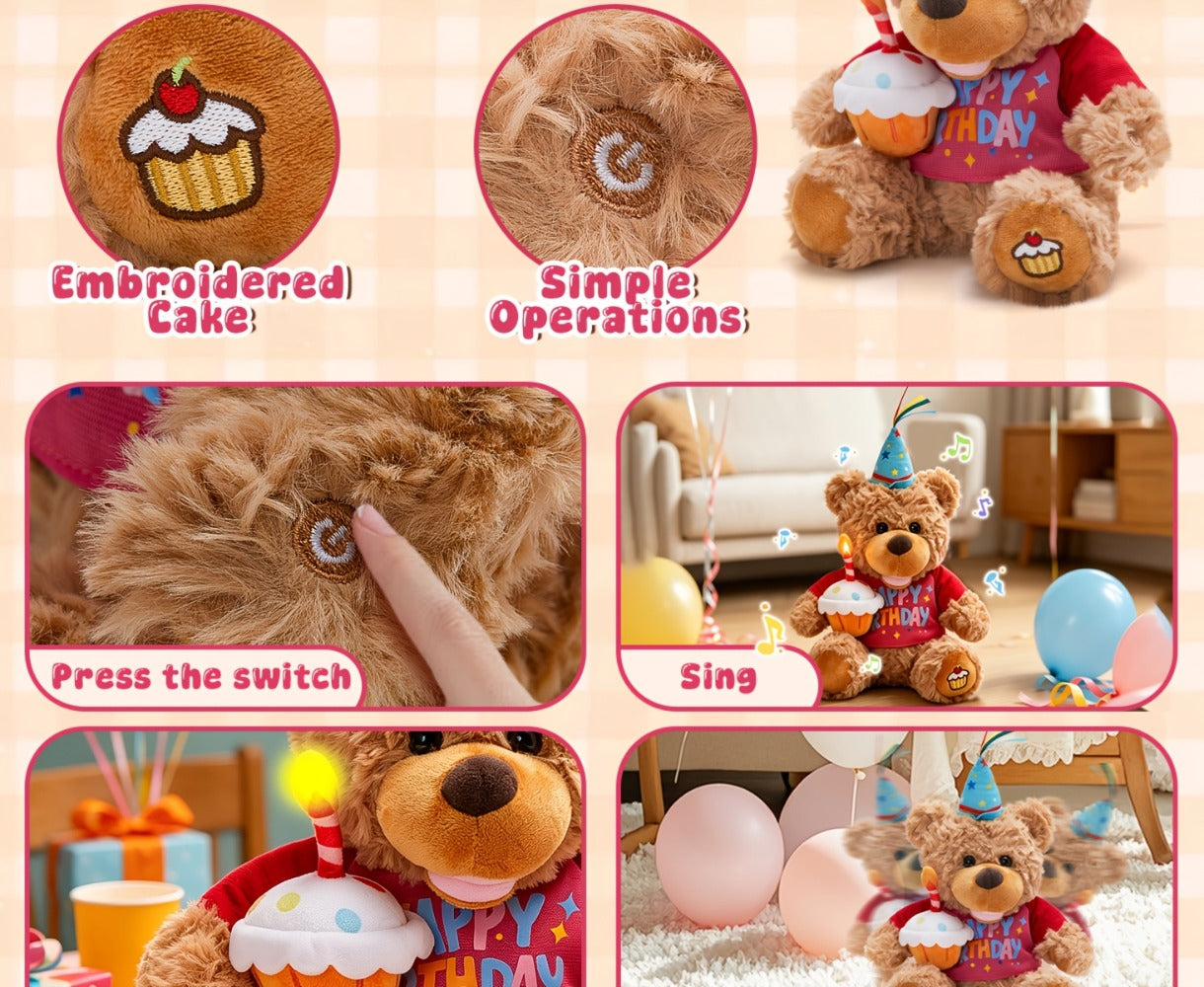 Singing Birthday Teddy Bear Plush Toy 13.5 Inch Interactive Stuffed Animal with Glowing Cupcake Candle Electric Music Bear Gift for Kids Girls Boys Baby Shower Christmas Holiday